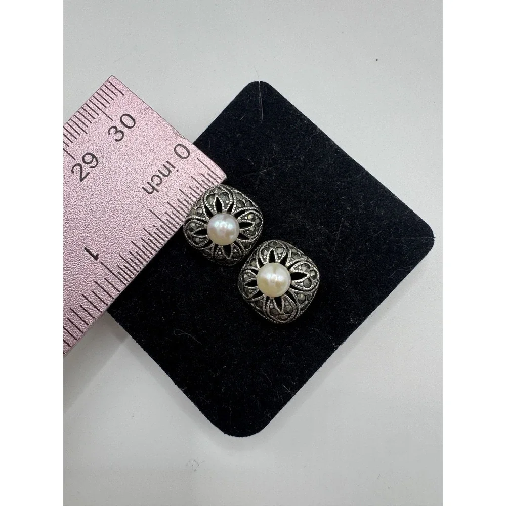 Vintage‎ Sterling Silver Marcasite Mabe Pearl Stud Earrings 925 Elegant